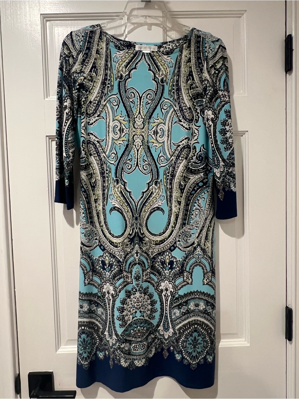 London Times Teal Paisley Midi Dress with Navy and Cream Accents